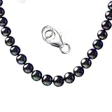 Alevel 8-9mm Freshwater Cultured Pearl Necklace 18 inch, Handpicked Real Pearls Dyed Black, 925 Ster