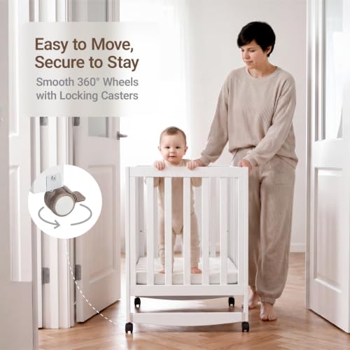 Image of MAMAZING EvoNest 6-in-1 Convertible Baby Mini Crib with Wheels | GREENGUARD Gold Certified, New Zealand Pine Wood, 4 Adjustable Heights, Rocking Mode, Small Spaces Design, White