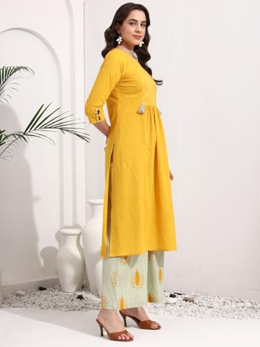 Image of idaLia Cotton Straight Kurta Set for Women with Palazzo 3 /4 Sleeve, Round Neck Designer Kurta with Palazzo Pant Set