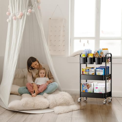 Image of YASONIC Plastic Wardrobe for Kids, Baby Cupboard for Storage, 12 Cubes Almirah, Cupboard for Clothes, Collapsible Wardrobe for Metal Utility Storage Cart with Wheels | Sturdy Rolling Storage Cart With Hooks & Hanging Cups, Great For Craft, Art Workspace, Kitchen ,Snack And Office Storage
