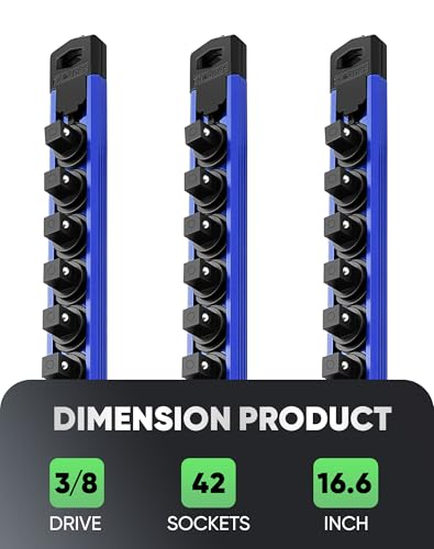 Image of ALOANES Magnetic Socket Organizer Set, 3-Piece Heavy Duty Aluminum Socket Rails, 360 Swivel Clips Socket Rail Kit for Tool Tray Drawer Fit 3 /8-Inch x 42 Clips (Blue, 3PC)