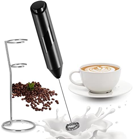 YSSOA Electric Milk Frother Handheld with Stainless Steel Stand Battery Operated Whisk Drink Mixer for Coffee, Frappe, Latte, Matcha, Hot Chocolate, Black (1 Pack, Black2)