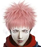 ANOGOL Hair Cap+ Short Wavy Wigs for Men Pink Ombre Black Cosplay Wigs with Bangs for Anime Costume Wig for Halloween Party Short Pink Spiky Wig with Black Sideburns Pinkish Anime Cosplay Wig