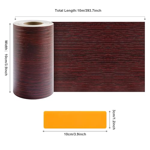 Image of JUNART Wood Grain Repair Tape(10cmx1000cm), Self-Adhesive Waterproof Realistic Textured Repair Duct Tape for Tables, Baseboards, Doors, Windows, and Floors with Plastic Scraper(Red Rosewood)