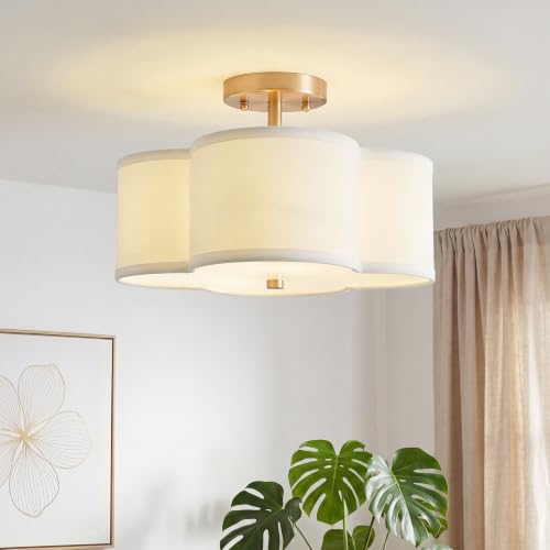 Image of 13.6 inch Gold Semi Flush Mount Ceiling Light with Fabric Shade