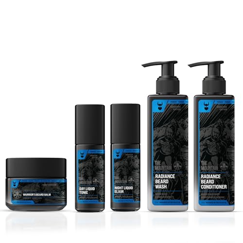 The Mountain Beard Care Kit for Men – Day & Night Oil, Balm, Wash & Conditioner – Hydrates, Softens & Styles – Natural, Vegan & Cruelty-Free – 5-Piece Set