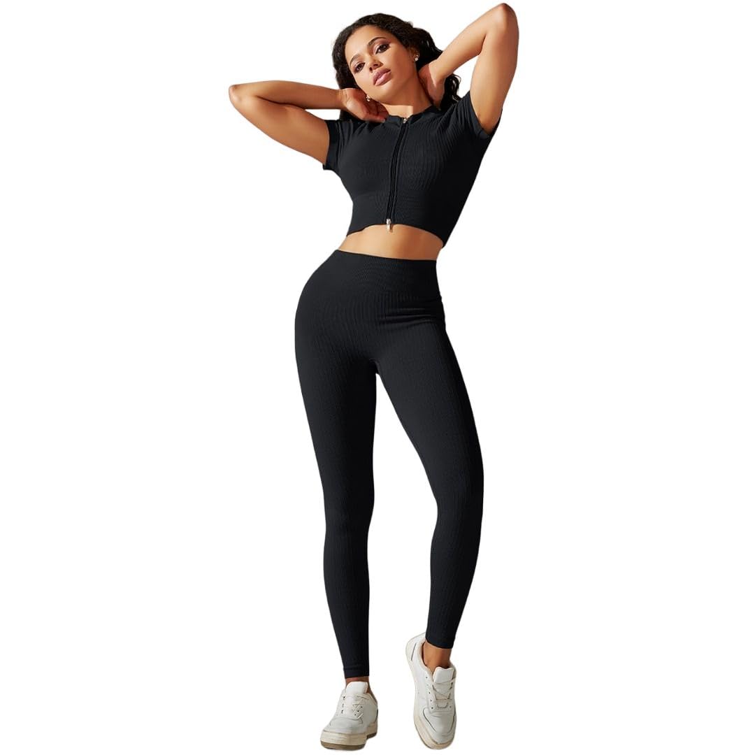 GaboniWomen's 2 Pieces Outfits - Trendy Seamless Crop Top and Long Leggings Set. Stylish, Comfortable, and Versatile. Perfect for Active Women