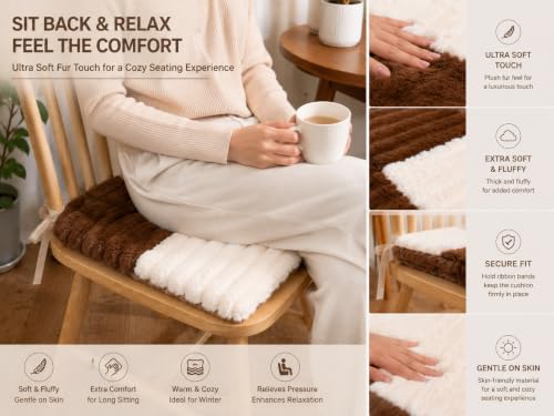 Image of Amazon Brand - Umi Brown & White Checkerboard Faux Fur Chair Seat Cushions, 16x16 Inch Fluffy Dining Chair Pads with Ties, Foam-Filled Rustic Farmhouse Chair Pads, Set of 2