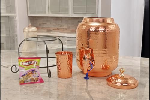 Image of 5 Litre Pure Copper Water Dispenser with Stand & 1 Copper Glass | Pure Copper Matka /Container Pot for Drinking Water Hammered | Ayurvedic Health Benefits (5000 ml)