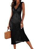 Dokotoo Swimsuit Women Cover Up 2024 Summer Casual V Neck Lapel Sleeveless Coverups for Bathing Suits Crochet Knit Hollow Out Solid Beach Midi Vacation Dresses Black Large