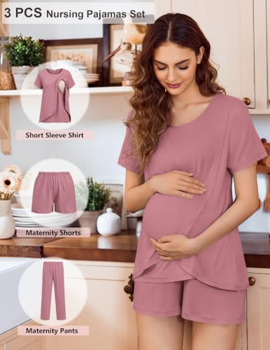 Image of Ekouaer 3 PCS Maternity Nursing Pajamas Set Postpartum Breastfeeding PJS | 3-Piece Set, Including Short Sleeve Shirts, Pregnancy Shorts & Pants, Buttery Soft, Skin-Friendly Feel