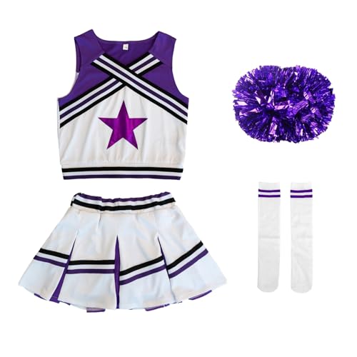 Image of LOLANTA Cheerleader Costume for Girls Halloween Cheer Uniform Outfit | 4Pcs Complete Cheerleading Set with Top, Skirt, Socks and Pom Poms, Cheer Outfits for Halloween Cosplay Christmas