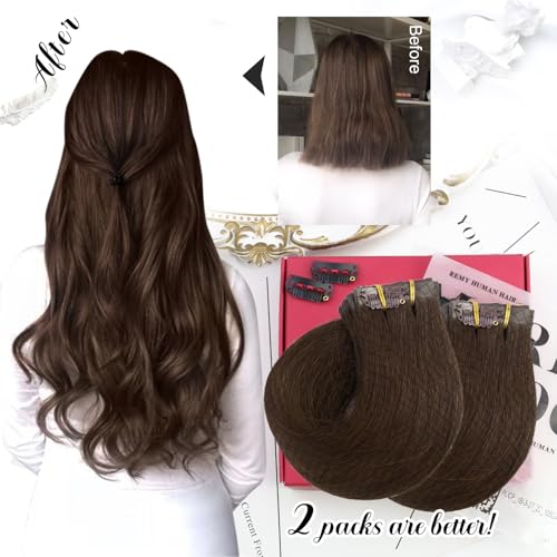 Moresoo Invisible Seamless Clip in Hair Extensions Real Human Hair Medium Brown Clip in Extensions for Long Hair Extensions Medium Brown for Women Pu Skin 120g/7pcs 22 inch