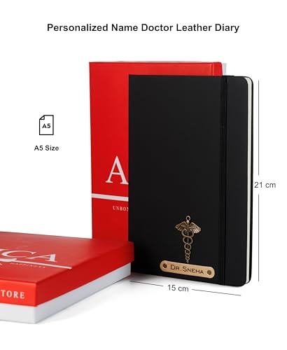 Image of AICA Personalized Name & Charm Doctor Leather Notebook Diary - A5 Size, 180 Ruled Pages (Black) | Customized Gift for Doctors Retirement Farewell Appraisal Birthday For Men Women Girls Boys