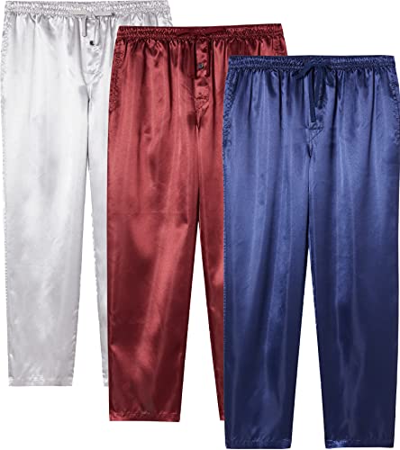 JupiterSecret Mens Satin Pajama Pants Set, Silky Feeling Sleep & Lounge Pants, PJ Bottoms with Pockets and Button Fly 3 Pack