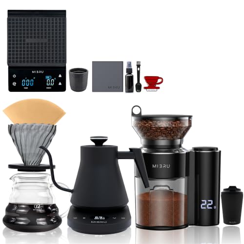 MIBRU V60 Coffee Maker Set 11 Pack V60 Pour Over Drip Coffee Set Cafe Serving Sets Specialty Coffee Tools with Coffee Grinder Server Kettle Filter Scale & Glass Drip Funnle Set-All in One