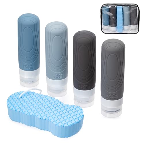 S&T New Light Flaconi da Viaggio 100 ml - Set Silicone Anti-perdita con Borsa e Spugna