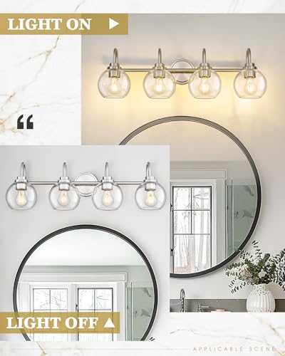 Image of Bathroom Light Fixtures, 4-Light Brushed Nickel Vanity Lights Over Mirror with Globe Clear Glass, 30 Inch Modern Vanity Lighting Fixtures, AD-22280-4W-SN