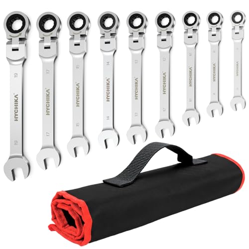 HYCHIKA Llaves Fijas Con Carraca 6-19mm, 9pcs Llave De Carraca Con Bolsa Enrollable, Llaves Combinadas Juego De Llaves, Adecuado Para ReparacióN De AutomóViles, Mantenimiento Industrial