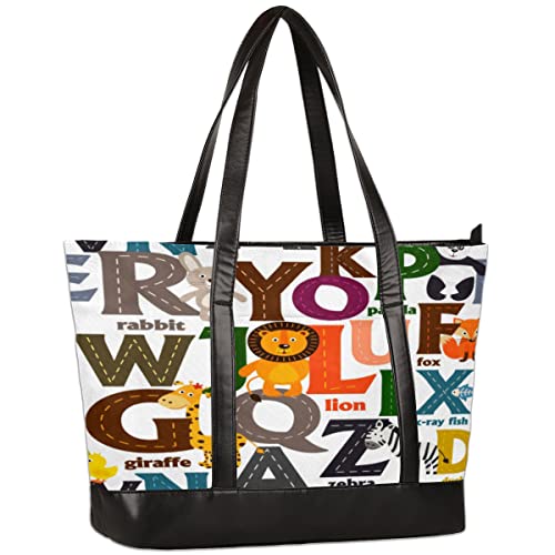 Laptop-Tragetasche mit Buchstaben, Cartoon-Tiere, Damen, Reißverschluss, 13-15,7 Zoll, große Canvas-Laptop-Handtasche, Schultertasche, Kuriertasche für Reisen, Einkaufen, Büro, mehrfarbig,