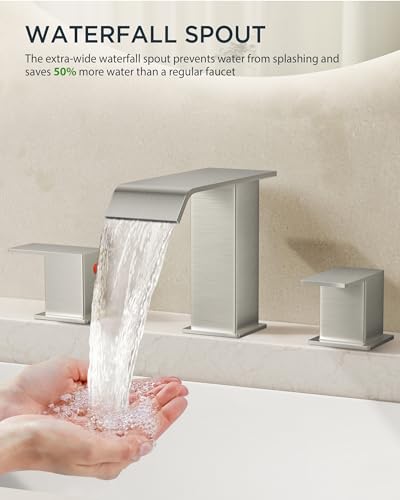 FORIOUS Widespread Bathroom Sink Faucet 3 Hole Brushed Nickel, 2 Handles Waterfall Bathroom Faucet with Metal Pop-up Drain and 24" Hot and Cold Water Hoses, Suitable for Vanity RV Restroom