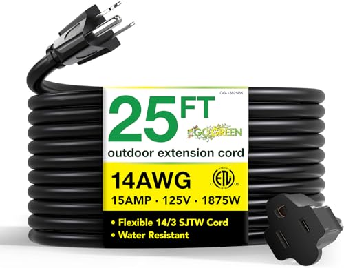 Go Green Power Inc. GG-13825BK - 14/3 SJTW Outdoor Extension Cord, Black, 25 ft