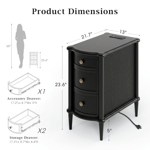 Image of JOINICE Narrow End Table with Drawers for Living Room, Vintage Black | Slim Nightstand with Storage for Bedroom, Skinny Bed Side Table with Charging Station for Small Spaces, Wood-Grain Texture