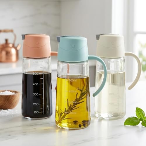 Image of MUAC 630ml Glass Oil Dispenser Bottle with Handle & Flip Lid - Leakproof Kitchen Oil Pourer with Measurement Markings - Cooking Oil, Olive Oil, Vinegar & Sauce Bottle for Kitchen (Any color will do)