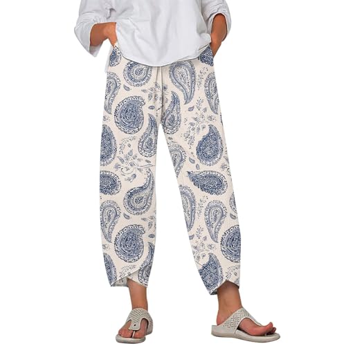 Image of DMOYALA Linen Pants for Women Summer Casual Wide Leg Capri Pants Loose Fit Palazzo Pants Cropped Beach Pants with Pockets