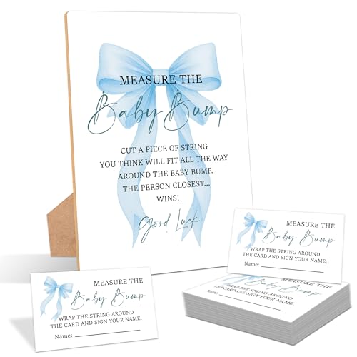 Blue Bow Measure the Baby Bump Game, Pack of 1 Wooden Tabletop Sign with Stand and 50 Guessing Cards, Blue Coquette Bow Baby Shower Game, Gender Reveal Party Decorations - HC02