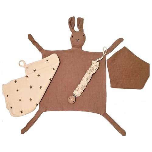 Regalo Bebé Recién Nacido 4 en 1 | Mantita de Conejo, Babero, Muselina y Sujetachupetes de Algodón (Marron - Blanco)
