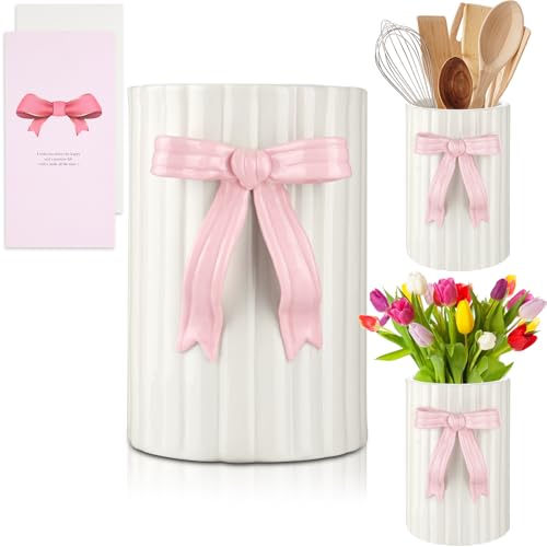 White Ceramic Bow Vase with Greeting Card Cute Flower Vase 6 x 4 inches Handmade Pink Bow Ceramic Utensil Holder for Kitchen Countertop Bedroom Table Decor Women Girls