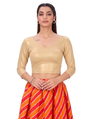 Image of Plus Size Round Neck Stretchable Shimmer Blouse Gold