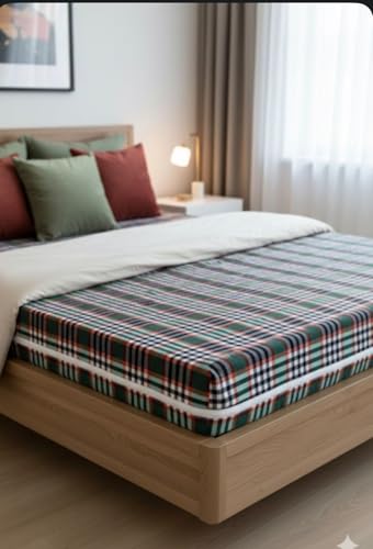 Image of Fairy Down Cotton 300 TC Mattress Cover /Protector with Zip /Chain for Dewan Size Bed Color: Green Check | Size: 78 * 48 * 12 Inches (7 * 4 Feet)