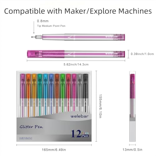 Image of Glitter Gel Pen Set Compatible with Cricut Maker 3 /Maker 4 /Maker /Explore 3 /4 /5 /Air 2 /Air, 0.8 Tip Glitter Pen Set of 12 Pack Medium Point Pen, Writing, Drawing, Invitations, Cards