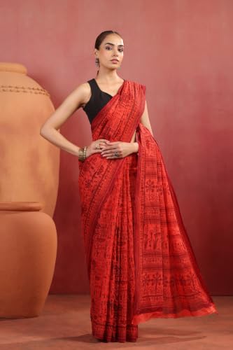 Image of TAMAIRA FASHION Off White Mulmul Pure Cotton Saree For Woman Warli Printed|Office Wear Daily Wear Sarees For Women Without Blouse Piece (Available in 21 Colours)