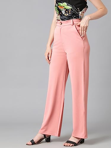 Image of KOTTY Women's High Rise Cotton Blend Relaxed Fit Trousers Baby Pink