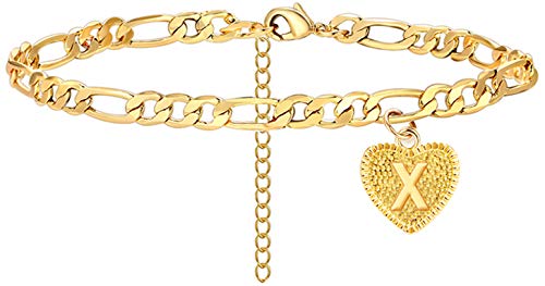 Dainty Heart Initial Anklet Bracelets for Women 14K Gold Plated Summer Letter Cuban Link Anklet with Initial Jewelry for Teen Girls(X Anklet)