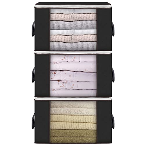 Image of Large Storage Bags, 3 Pack Clothes Storage Bins Foldable Closet Organizers Storage Containers with Durable Handles Thick Fabric for Blanket Comforter Clothing Bedding 90 L (Black)