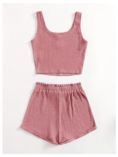 Image of RoseSeek Girl's 2 Piece Outfits Waffle Knit Scoop Neck Button Down Crop Tank Tops Paperbag Waist Track Shorts