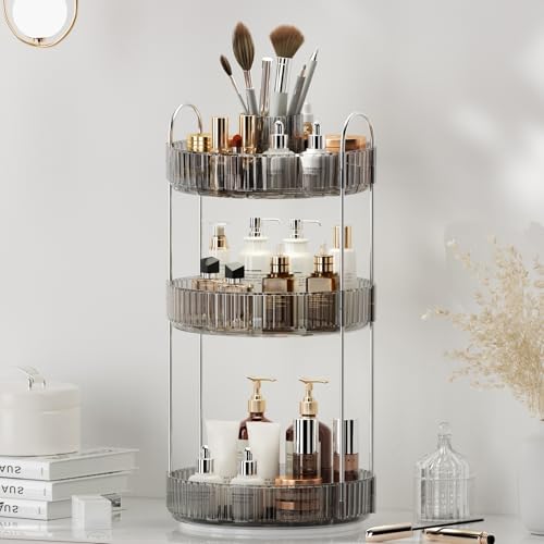 Image of 360 Rotating Makeup Organizer, Upgraded 3 Tier Skincare Perfume Organizers for Women, Bathroom Organizer Countertop, Clear Cosmetic Dresser Organizer with Makeup Brush Holder, Sink&Counter(Grey)