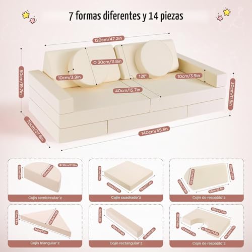 Miniatura 7 de Sofá Para Niños Cupchid, Sofá Modular De Juego, Sofá Para Niños, Muebles Para Dormitorio Y Sala De Juegos Para Niños Pequeños, Espuma Convertible Set De 14 - Beige