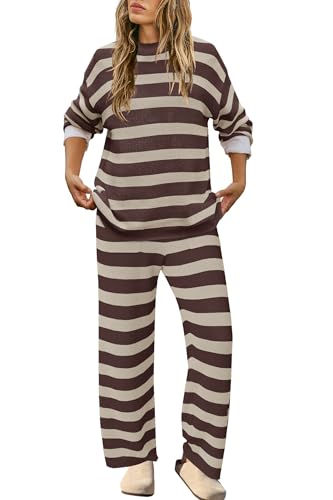 Image of SENSERISE Womens Striped Set Sweater Lounge Sets | Pajamas Set, Loungewear Set, Oversized Knit Sweater, Wide Leg Pants with Pockets, Fall Outfits, Pants Set