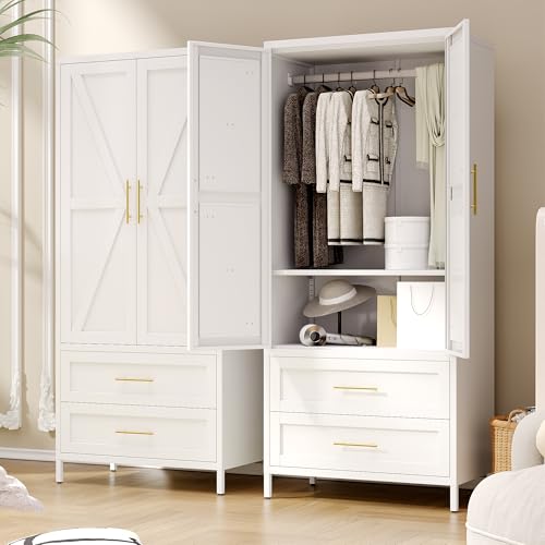 Image of SUPEER Metal Wardrobe Closet with 2 Drawers,71 inch Tall Metal Armoire Storage Cabinet with Hanging Rod and Adjustable Shelves,Freestanding Steel Clothing Organizer for Home,White,Required Assembly