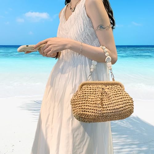 Straw Purse Straw Bags for Women Woven Straw Purse Casual Straw with Beaded Handle Stylish Easy Matching Summer Purse for Beach Travel, Khaki3