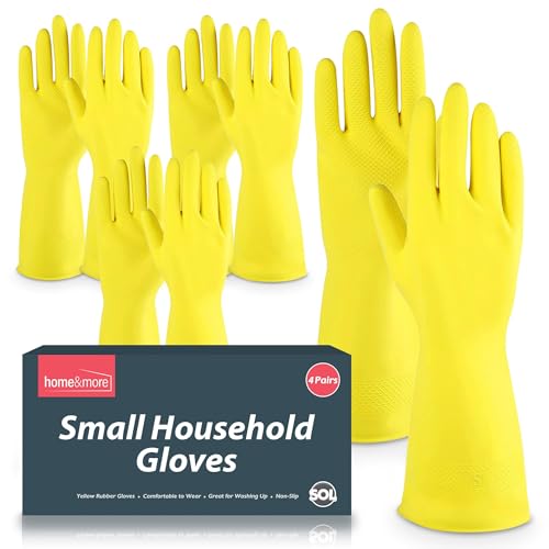 SOL 4 Pairs Kitchen Rubber Gloves Small Yellow Heavy Duty for Cleaning with Non-Slip Grip Durable Waterproof Design for Household Bathroom & Dishwashing Multipurpose & Comfortable To Use