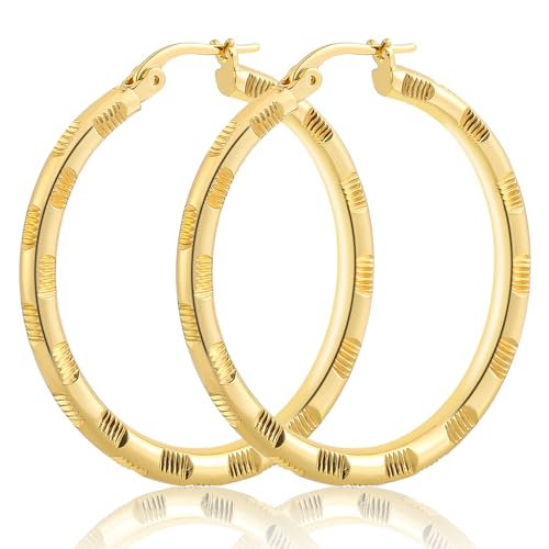 14k Gold Hoop Earrings, Solid Line Cutting Design, 2 Count, Polished Finish