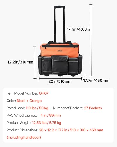 Image of VEVOR 20 inch Rolling Tool Bag, 110 lbs Load Capacity, 27 Pockets Heavy Duty Roller Tool Bag on Wheels, Adjustable Telescoping Handle & Stable Base, Toolbag Organizers w /Wheels for Construction, Mechanic