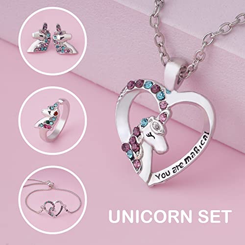 OSDUE Einhorn Schmuckset Mädchen, Einhorn Kinderschmuck Enthalten Halskette, Ringe, Armbänder, Ohrring, Schmuck Set für Party Geschenk (5 Stück)