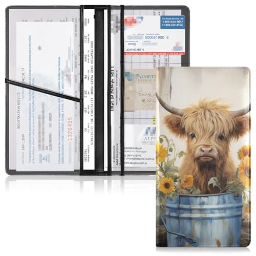 UMIRIKO Cute Baby Highland Cow Wooden Bucket Car Registration and Insurance Holder Vehicle Glove Box Organizer Car Accessories Wallet Case for Women Men 202b3502